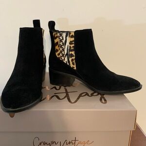 Crown Vintage Black Suede Ankle Boots with Animal Print